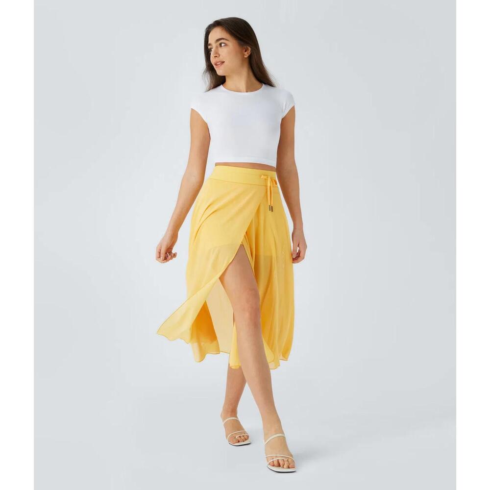 NWT Halara High Waisted Drawstring 2-in-1 Pocket Flowy Midi Skirt Popcorn S - Picture 12 of 12